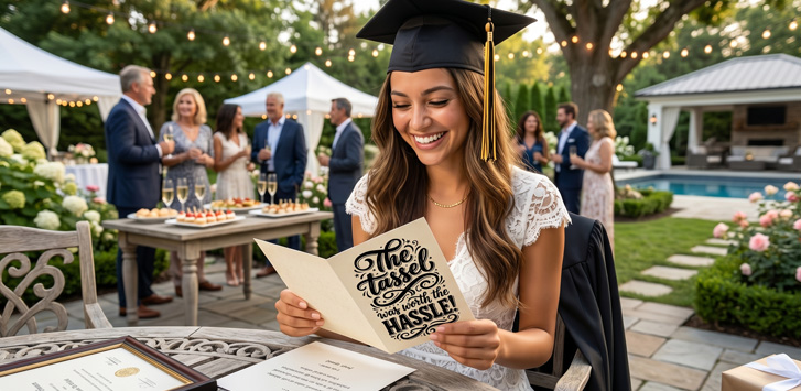 A graduate smiling holding a graduation card